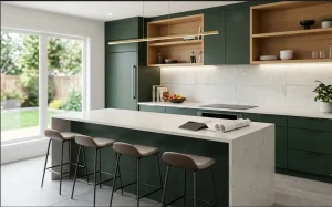 A beautifully finished modern kitchen featuring green cabinetry, a large quartz island, and bar stools, representing what a kitchen remodel costs in Toledo, OH in 2026.