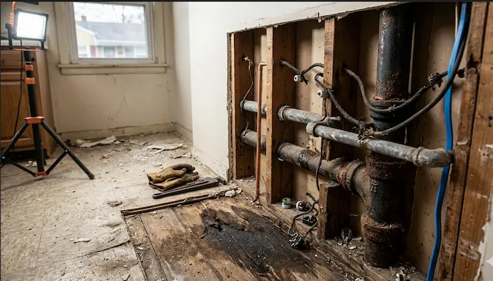 Exposed wall framing revealing old rusty plumbing, outdated wiring, and damaged subfloors in an older Toledo home during a kitchen demolition.