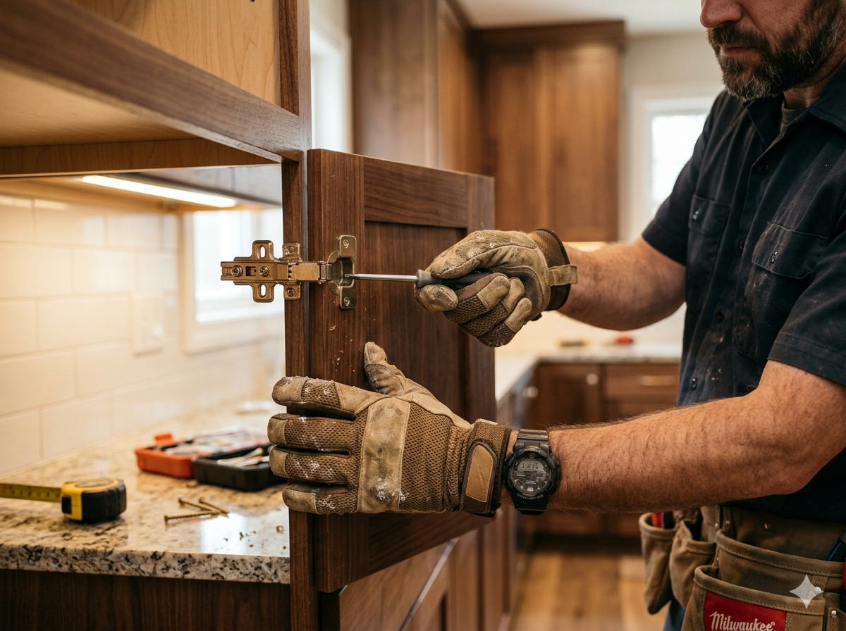 Technician adjusting cabinet hinges during a Toledo kitchen renovation