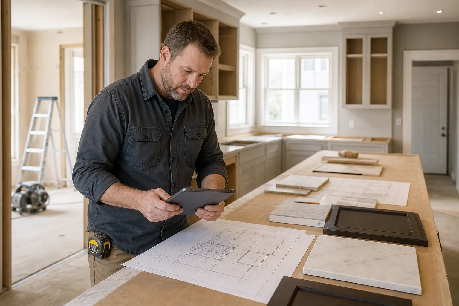 Kitchen remodel contractor reviewing plans in Toledo Ohio