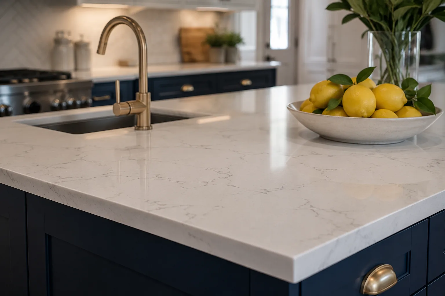 White quartz countertop with subtle veining on a dark navy kitchen island