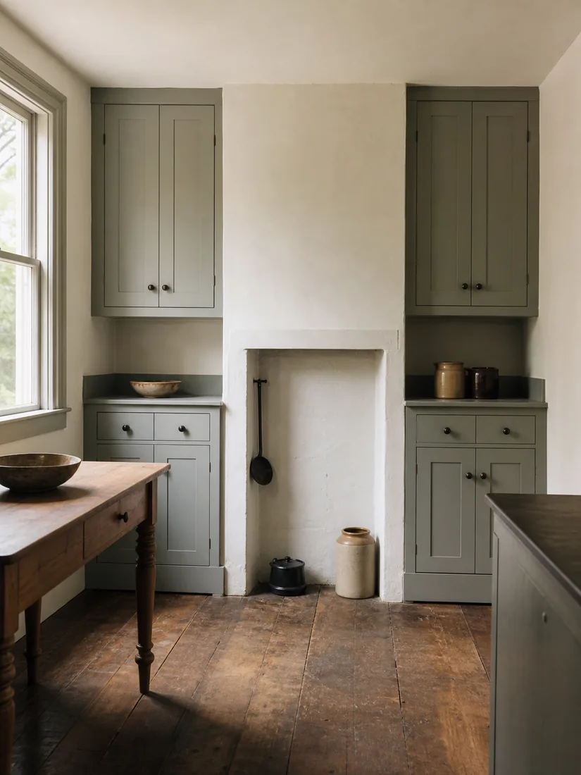 Cabinetry fitted around a chimney chase in a historic Maumee Ohio kitchen