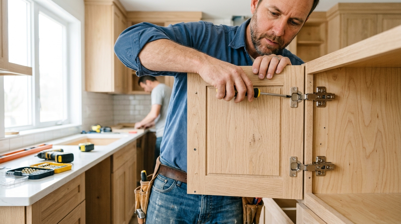 Craftsman installing custom cabinet doors and hinges in Toledo Ohio