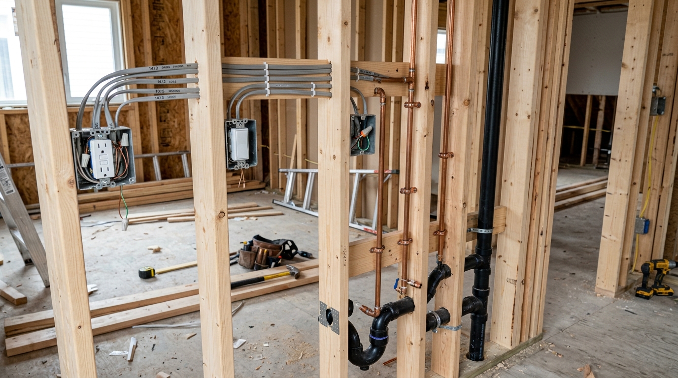 Electrical wiring and plumbing rough-in work inside kitchen wall studs in Toledo Ohio